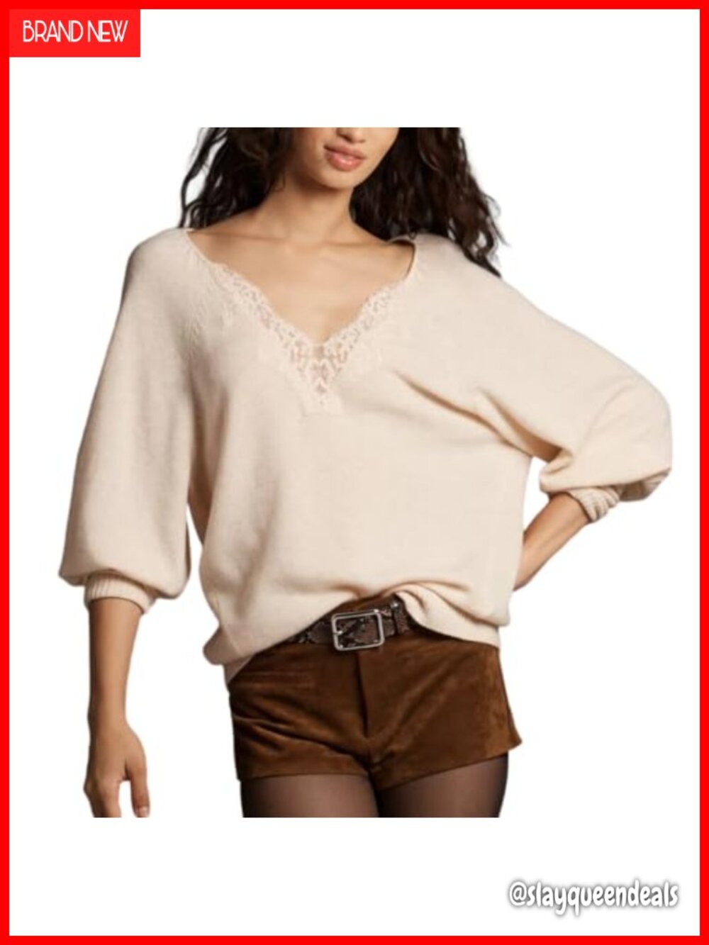 Lace V Neck Oversized Knit Pullover Sweater Balloon Sleeve